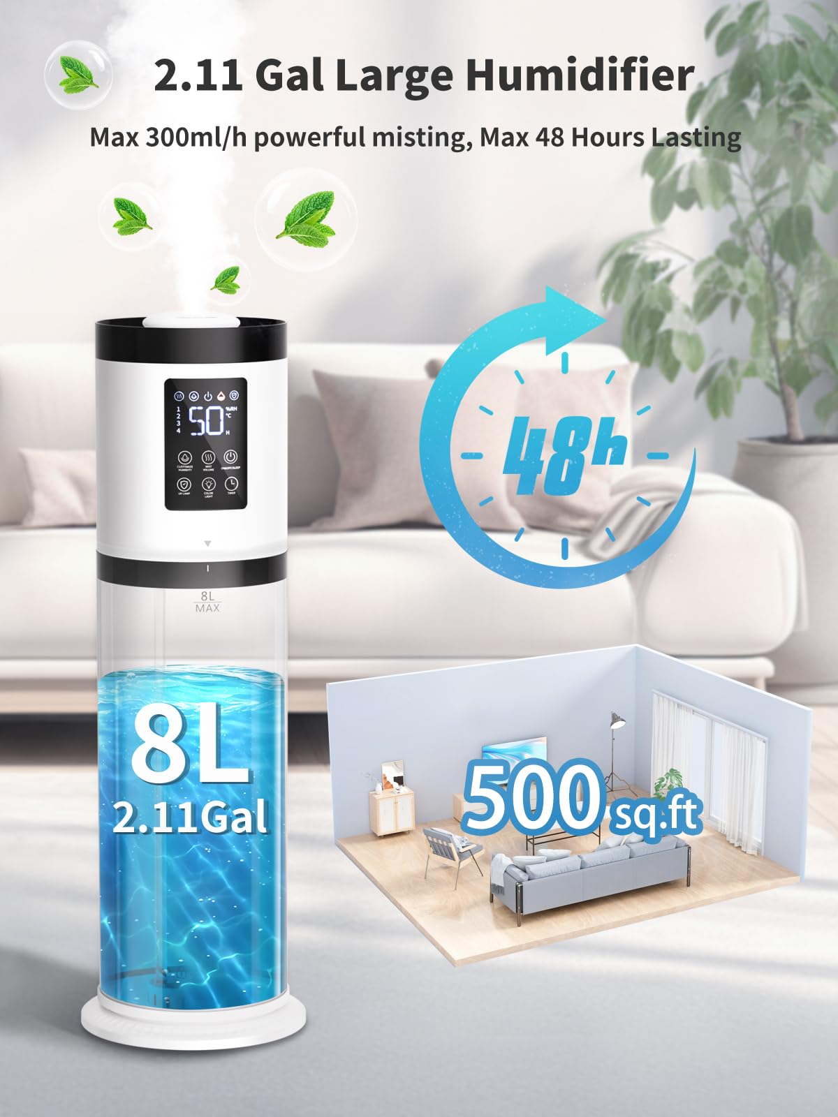 Humidifiers For Bedroom Large Room, 8L Large Capacity Cool Mist Humidifier, Air Humidifiers For Home, Smart Humidity Setting, Ea